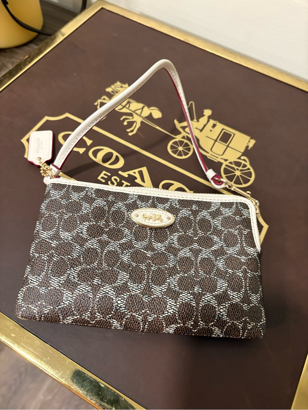 Coach Brown Signature Canvas Wristlet with White Trim